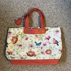 Jo Ann Fabric Crafts Large Tote Bag Floral Birds Cottage Coral Pink Snap Charm